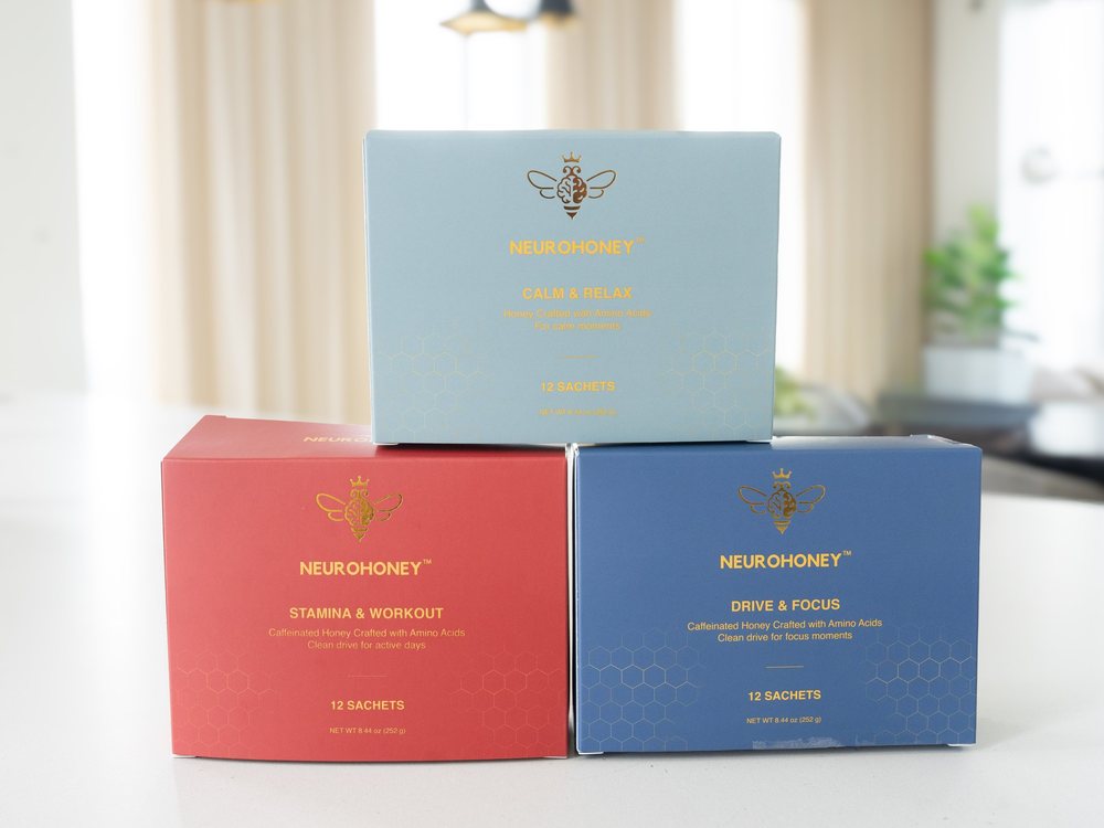 NeuroHoney Drive & Focus, Calm & Relax, and Stamina & Workout formulas