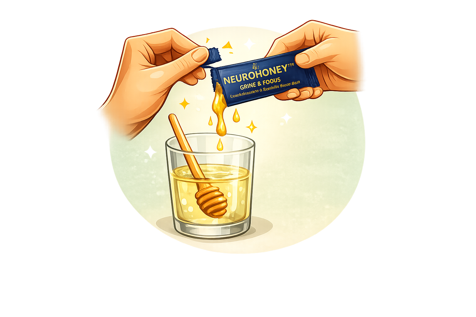 Tearing open a NeuroHoney sachet and squeezing honey into a drink